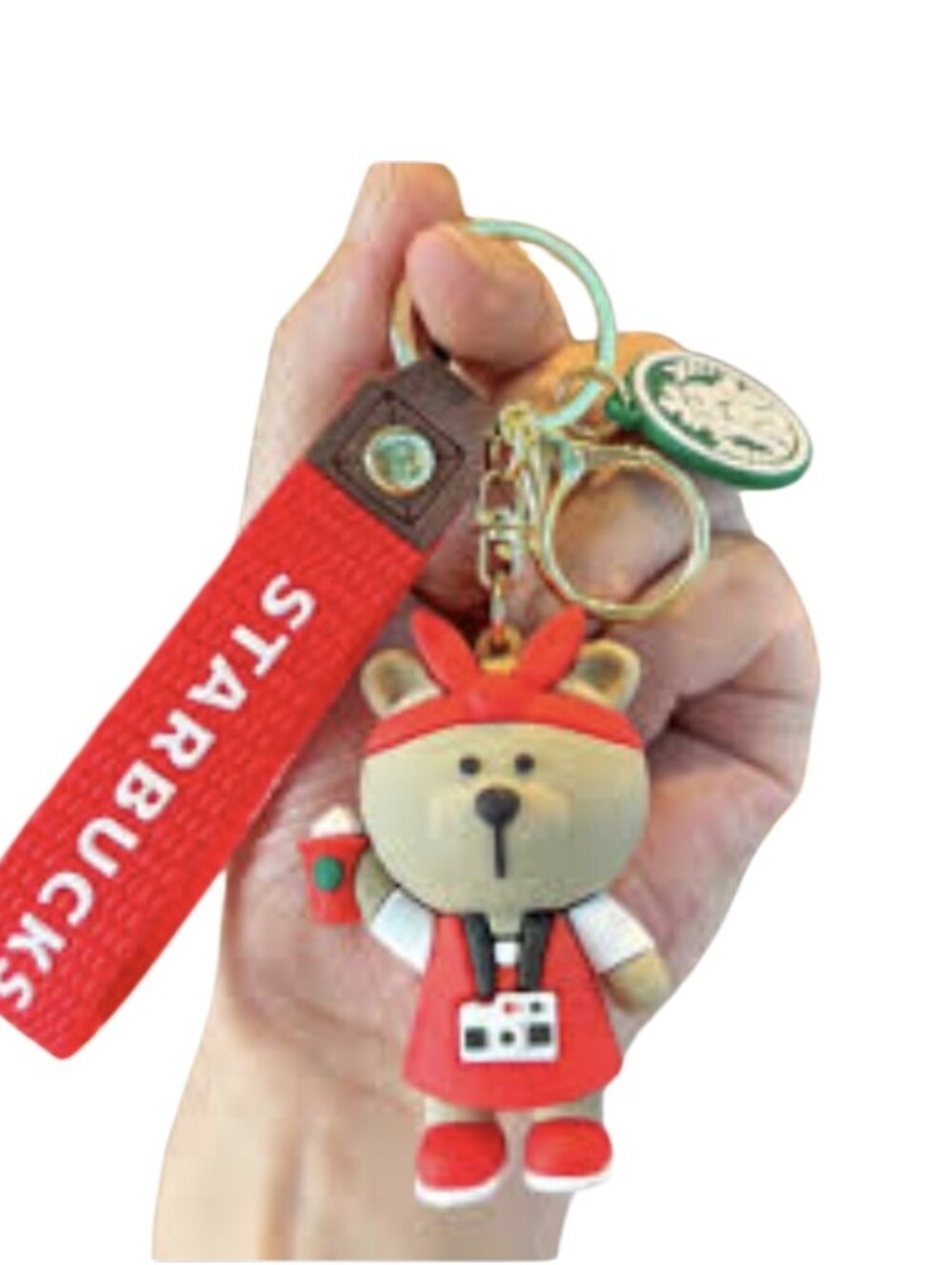Starbucks Red Bear Keychain with Green Logo Charm